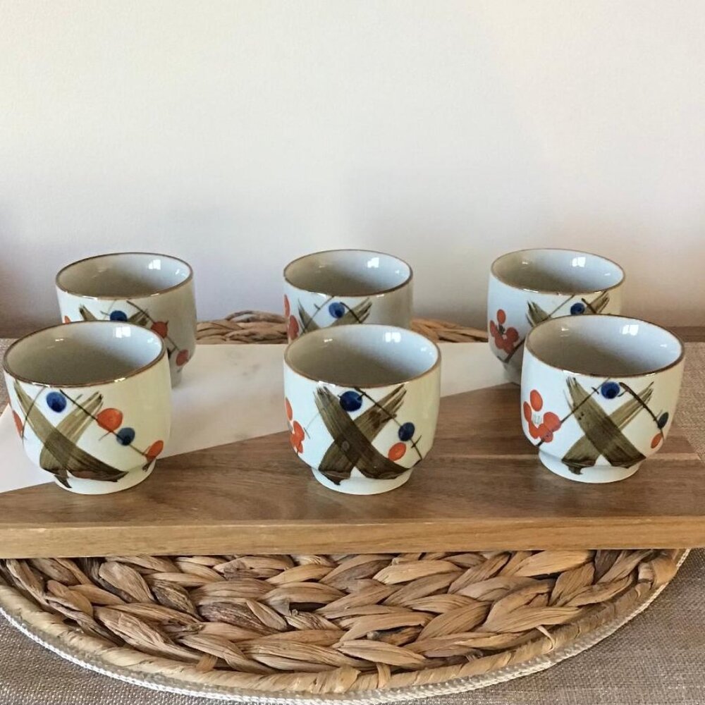 Vintage Saki Teacups Otagiri Japanese Ceramic Set of‎ Six Asian Retro Bohemian